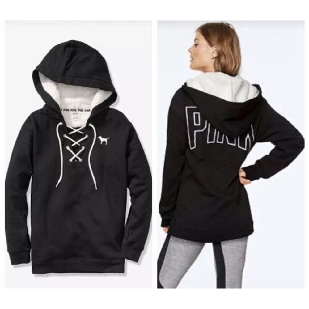 VICTORIA'S SECRET PINK SHERPA HOOD LACE UP PULLOVER SWEATSHIRT Sz XS Black